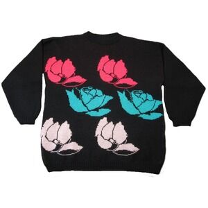Vintage 80s 90s Italian Sweater L  Black Floral Retro Whimsigoth Roses‎ Colorful